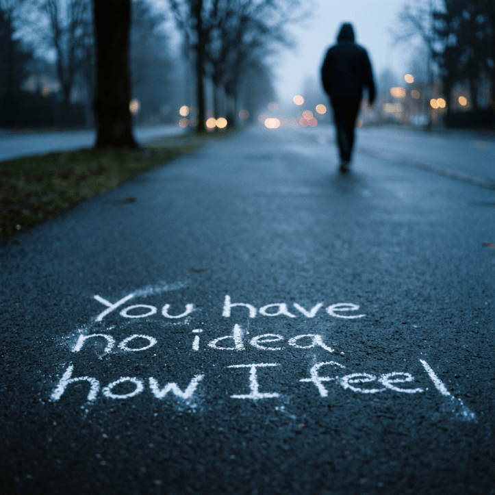 Sidewalk with chalk writing stating 'You have no idea how I feel' and a solitary person walking away